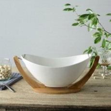 Hanging Ceramics and Bamboo Salad Bowl with Stand Decorative Porcelain Household Cradle Fruit Tray w